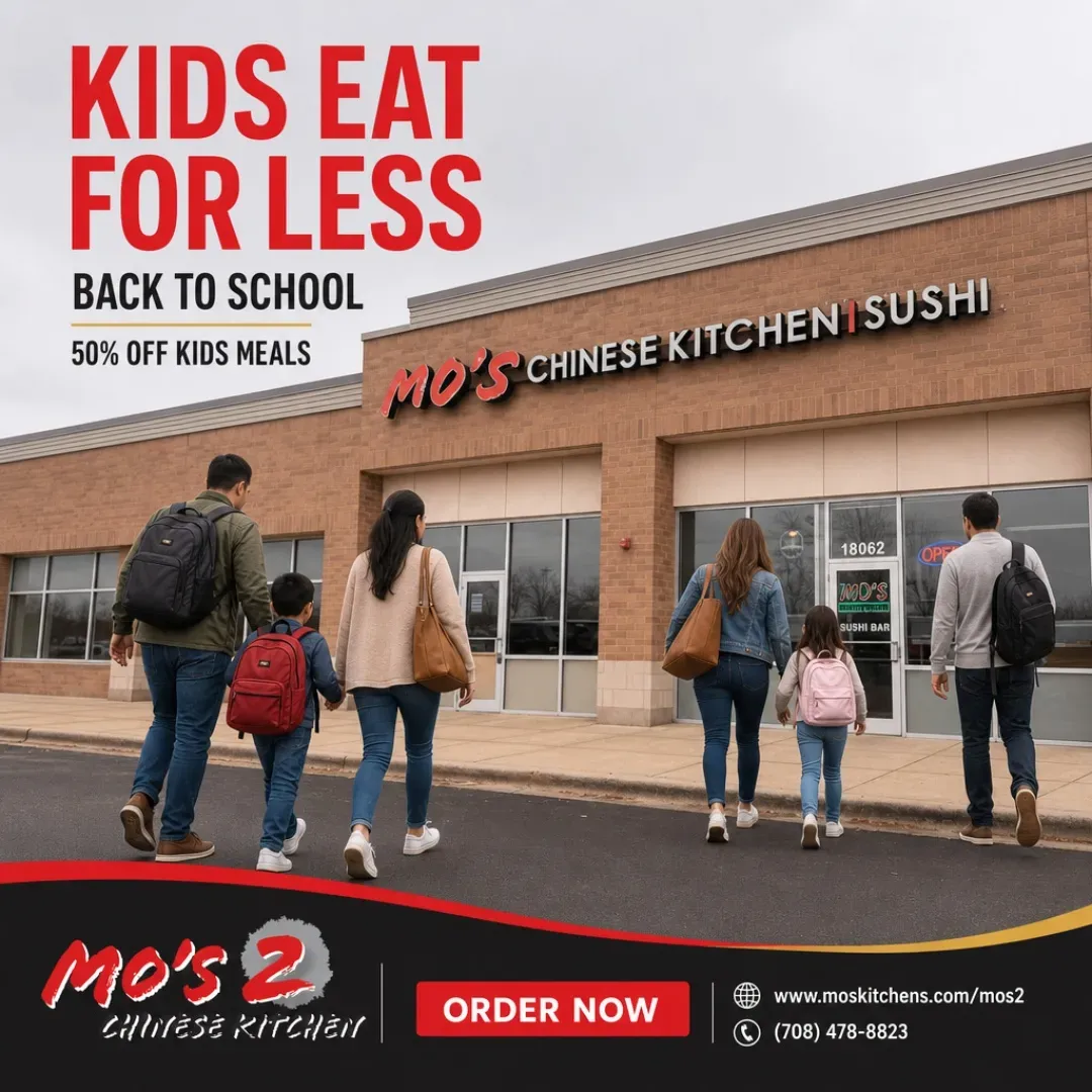 Mo’s Chinese Kitchen 2 back-to-school graphic advertising 50% off kids meals, with the restaurant storefront and an Order Now call to action