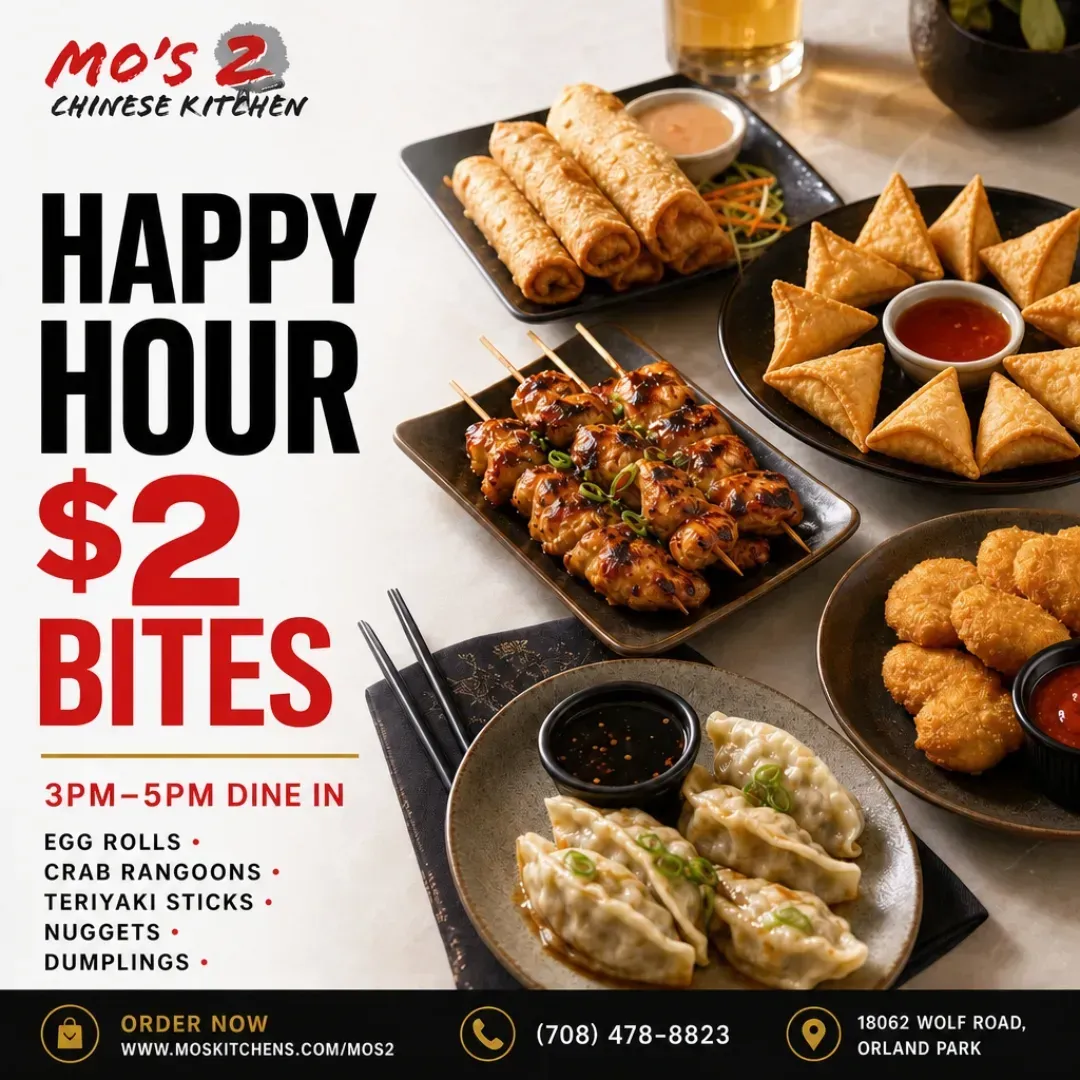 Mo’s Chinese Kitchen 2 happy-hour graphic advertising $2 bites from 3–5 PM for dine-in, with appetizers and ordering details