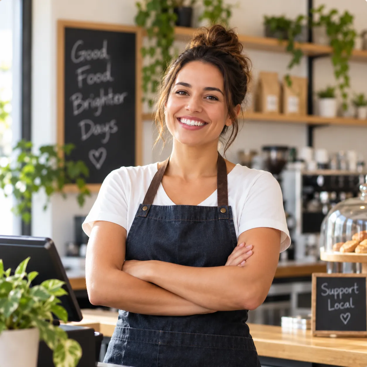 A small business owner standing in her café