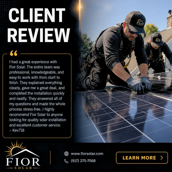 Fior solar installation post featuring a client review and an installer working on rooftop solar panels.