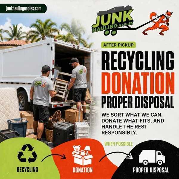 Junk removal post showing a collection truck and the services Recycling, Donation and Proper Disposal.