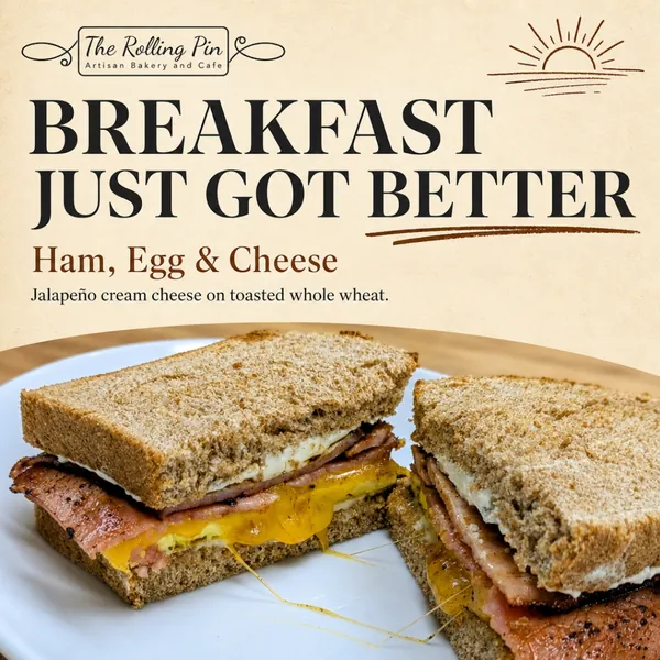 The Rolling Pin breakfast post featuring a ham, egg and cheese sandwich.