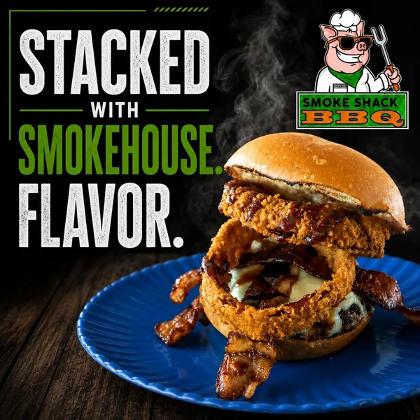 Smokehouse barbecue post featuring a stacked burger with the headline Stacked with Smokehouse Flavor.