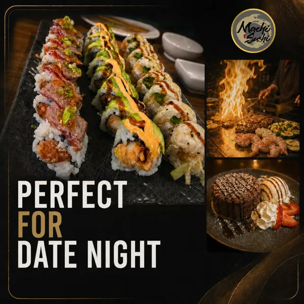 Sushi restaurant post featuring two sushi rolls with the headline Perfect for Date Night.