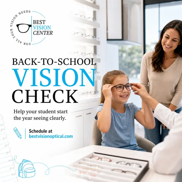 Back-to-school vision check post showing an eye care professional helping a child with glasses.